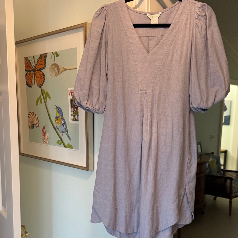 High-End Designer CYNTHIA ROWLEY Lilac Puff Sleeve Linen-Blend Midi